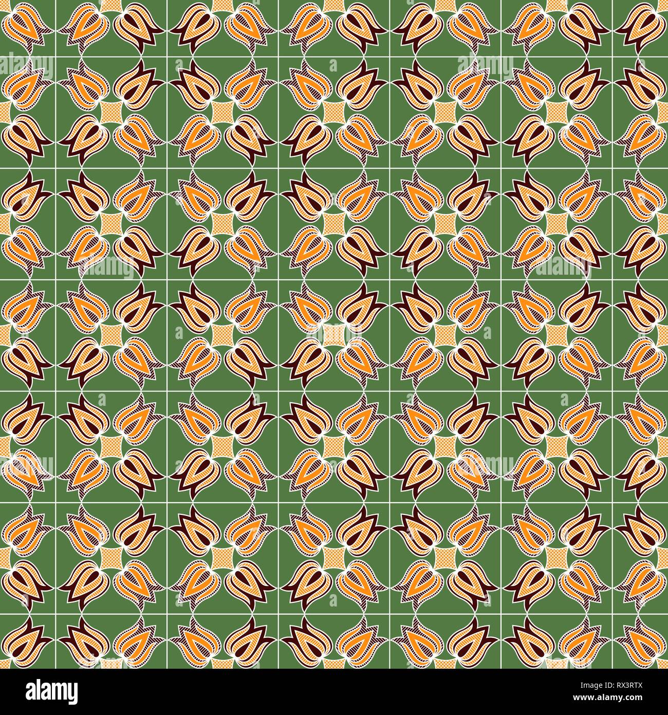 Chequered ornamental seamless pattern with flowers in red and orange