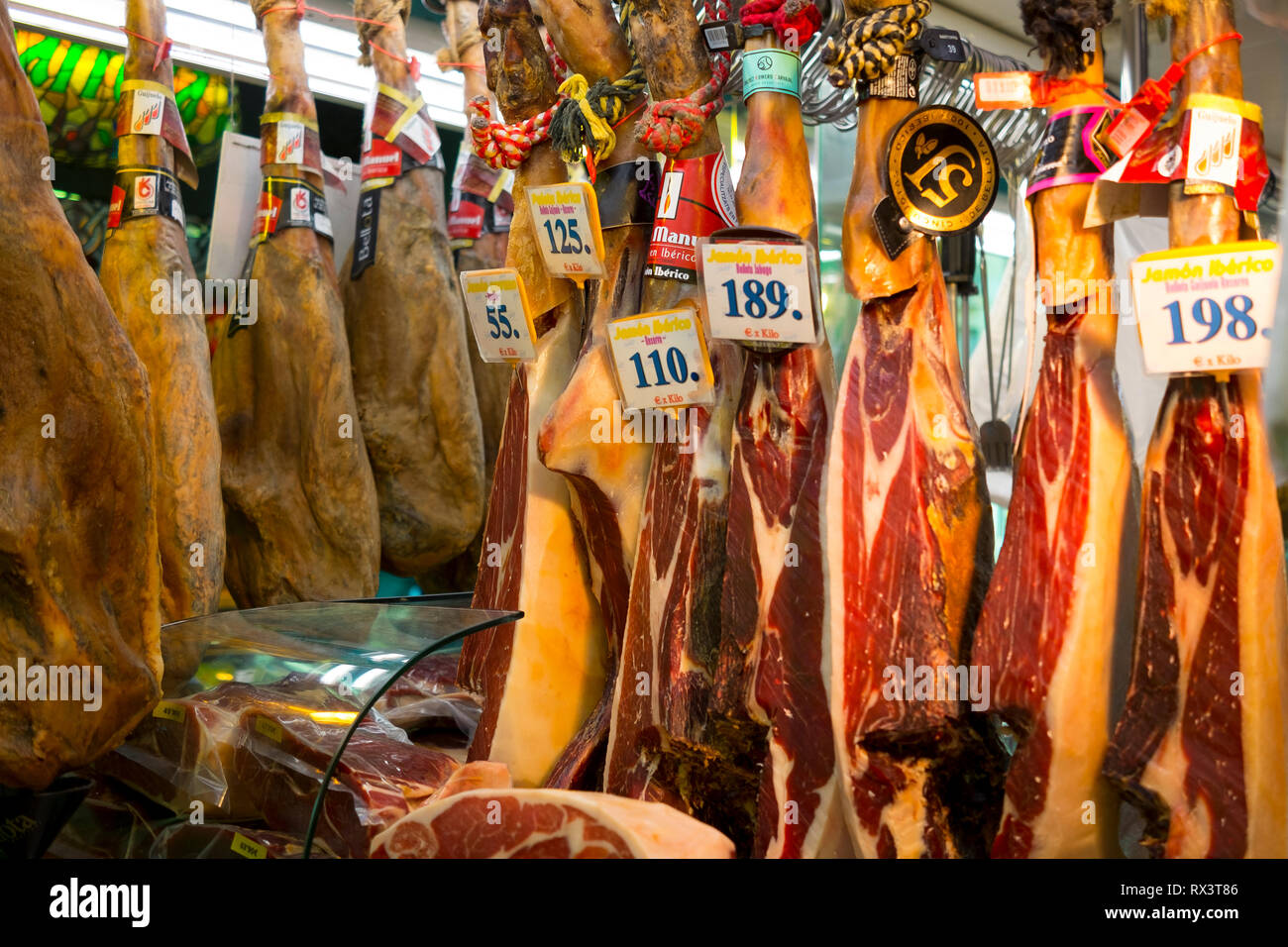 Spanish jamon, ham is hung and ready for slicing at a traditional