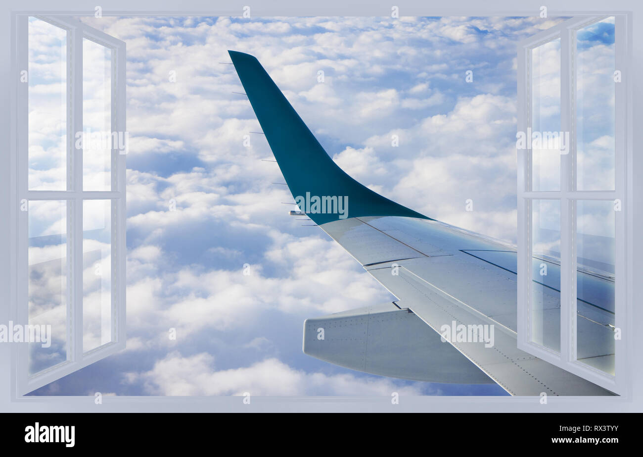 Traveling by plane - concept image with an opened window on a cloudy ...