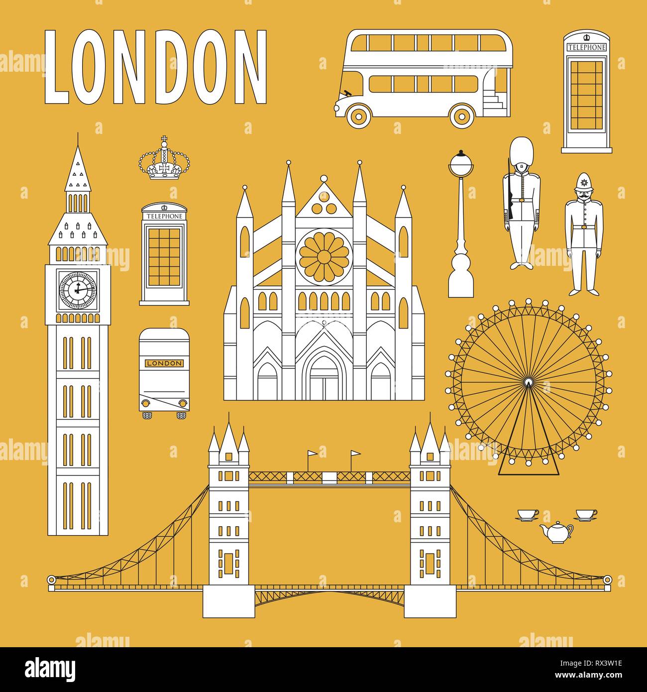 London landmarks, design elements in modern linear style. Travel and tourism vector background Stock Vector