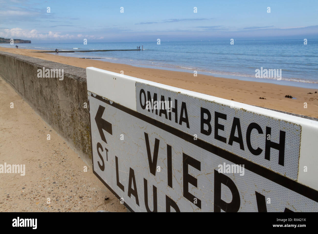 Road sign on Omaha Beach between Vierville and St Laurent, Normandy, France. Stock Photo