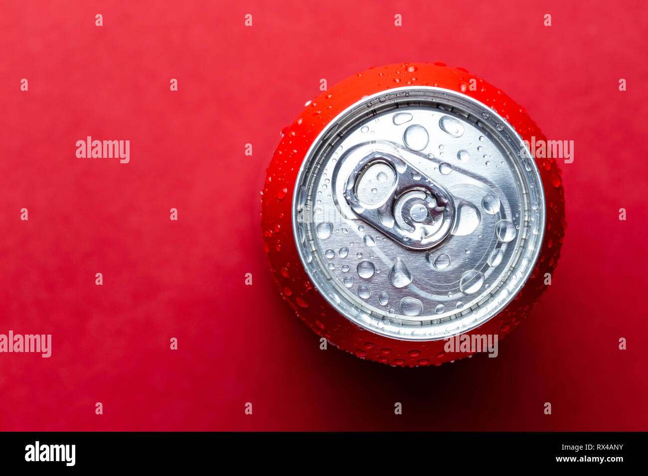 Top view of Aluminum soda can with water drops and copy space Stock Photo