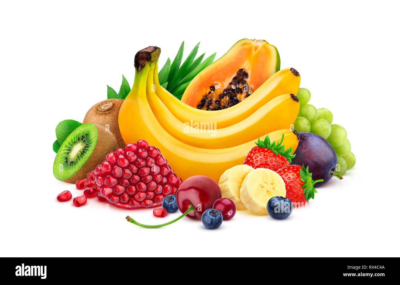 Heap of fresh exotic fruits and berries isolated on white background with clipping path, different tropical fruits collection Stock Photo