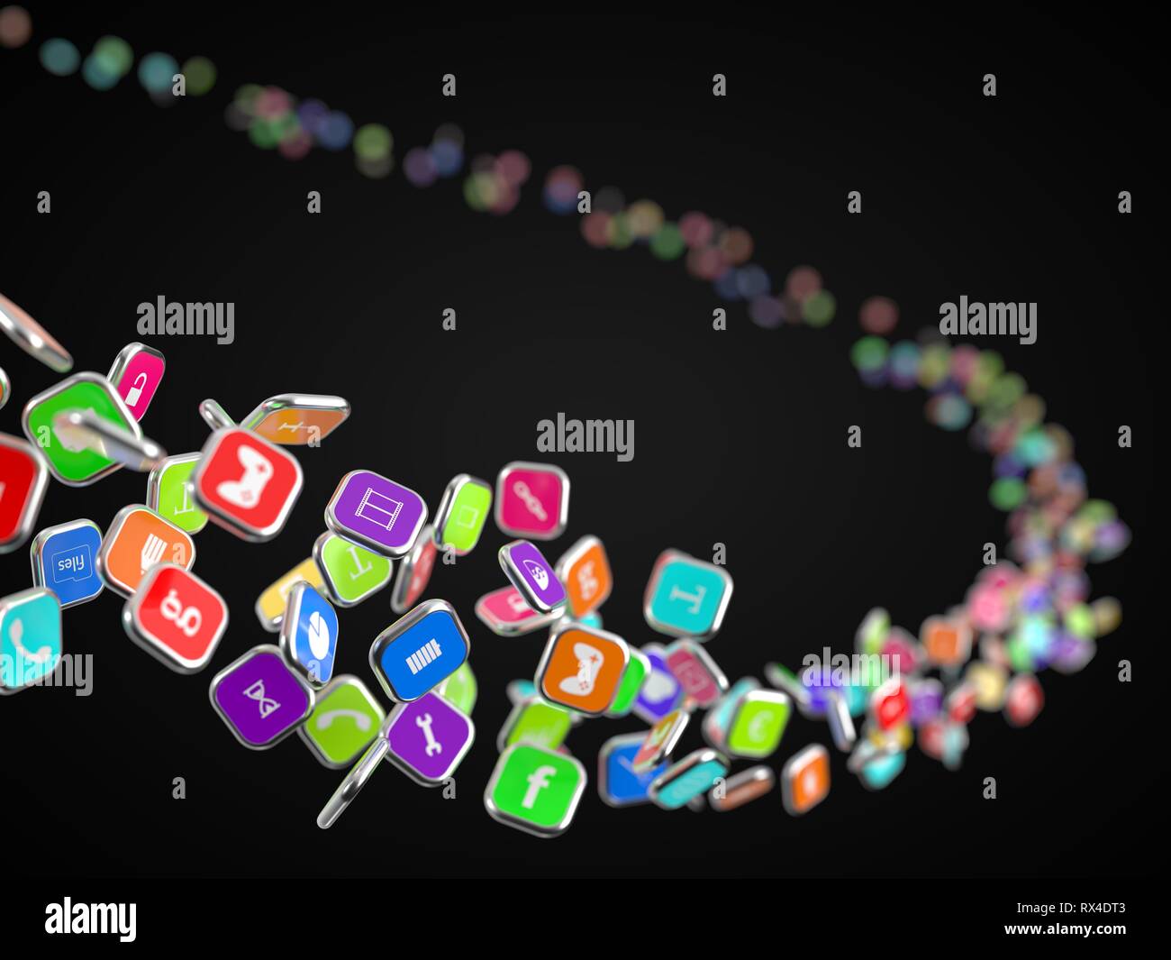 flow of smartphone app icons. 3d illustration Stock Photo