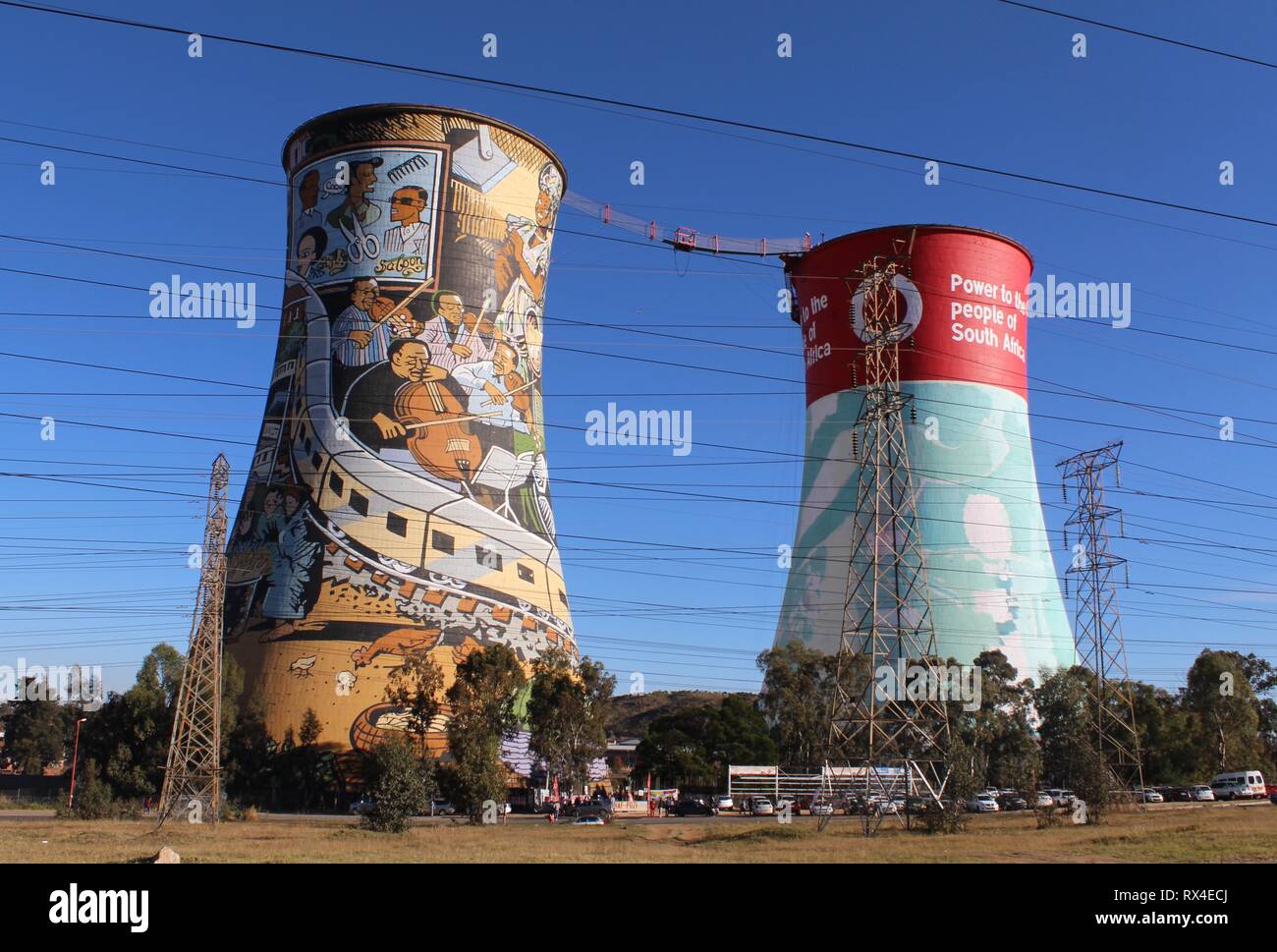 Twin cooling towers used for bungee jumping in Soweto, Johannesburg