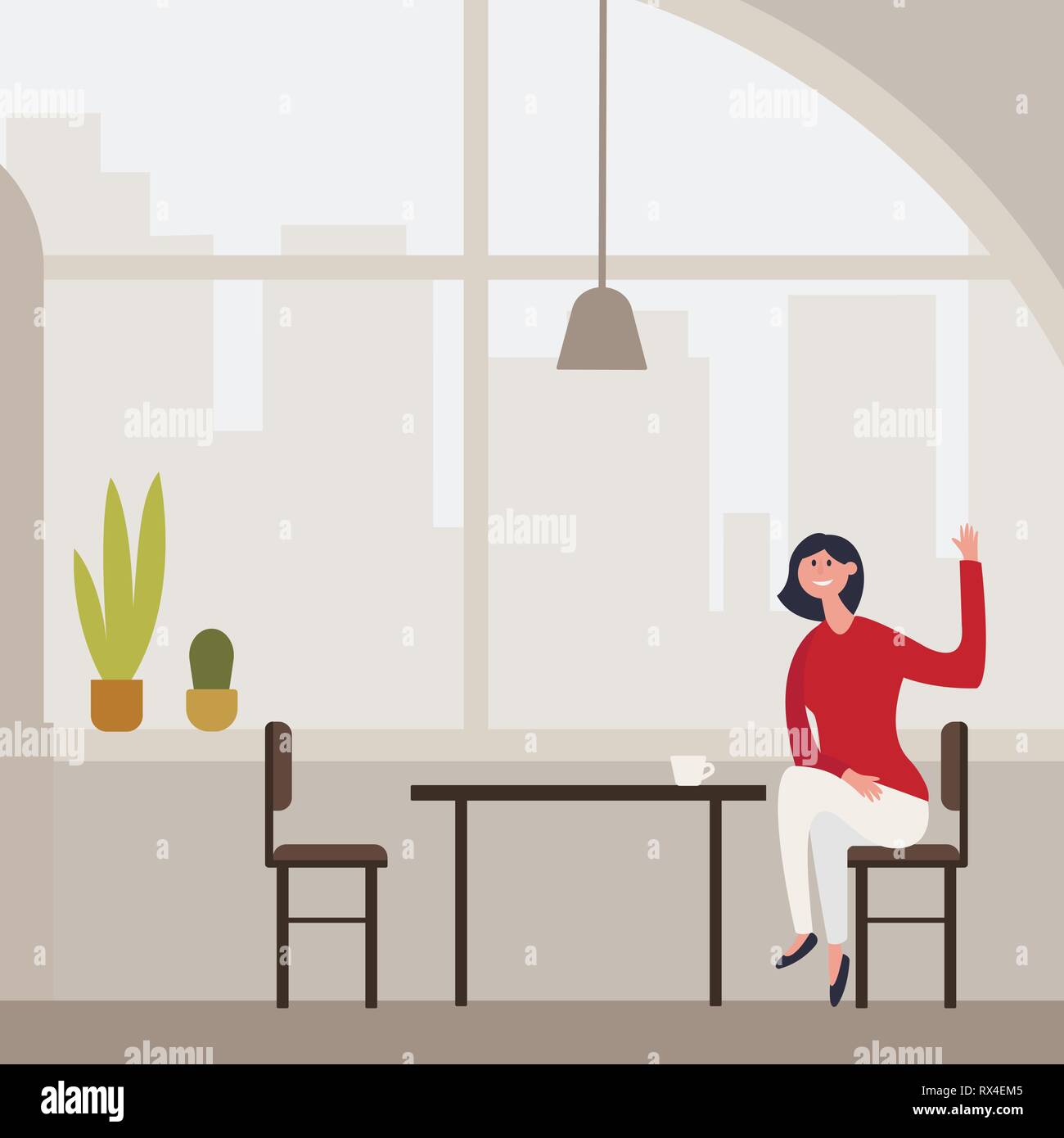 Young slim beautiful girl sits on a high bar stool in a cafe with stunning panoramic views of Barcelona. Siesta break with a cup of fragrant cappuccin Stock Vector