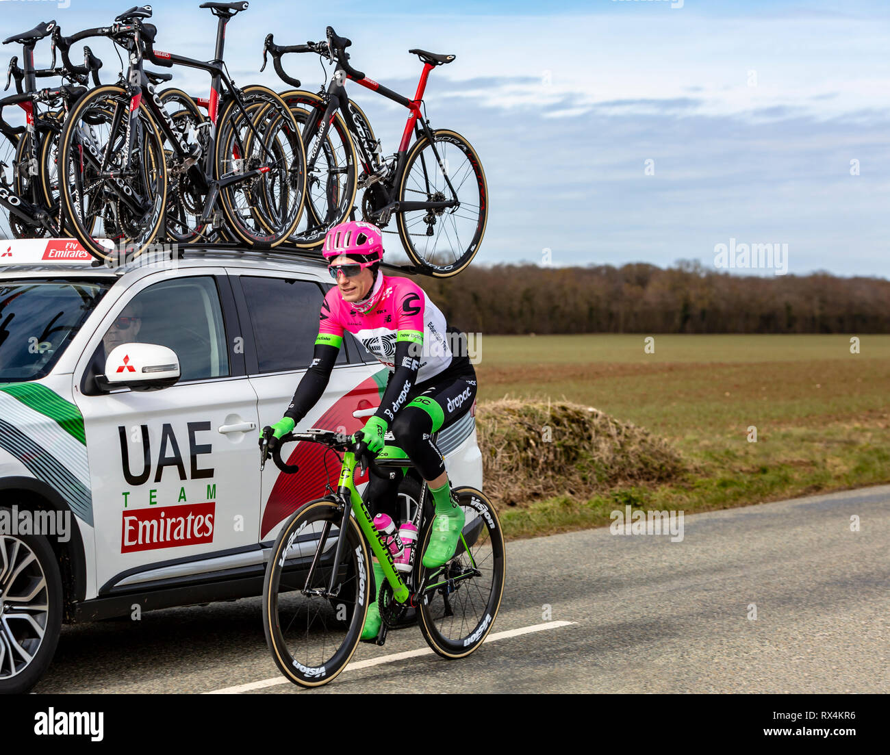 Fains-la-Folie, France - March 5, 2018: The French cyclist Pierre Rolland of EF Education First-Drapac Team riding on a country road during the stage  Stock Photo