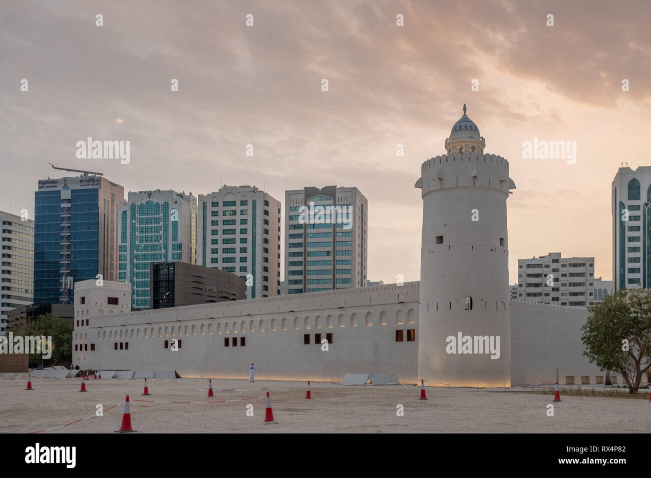 Evening View of Qasr al Hosn Abu Dhabi is a 250 years old fort, has been home to a ruling family of ABu Dhabi, UAE Stock Photo