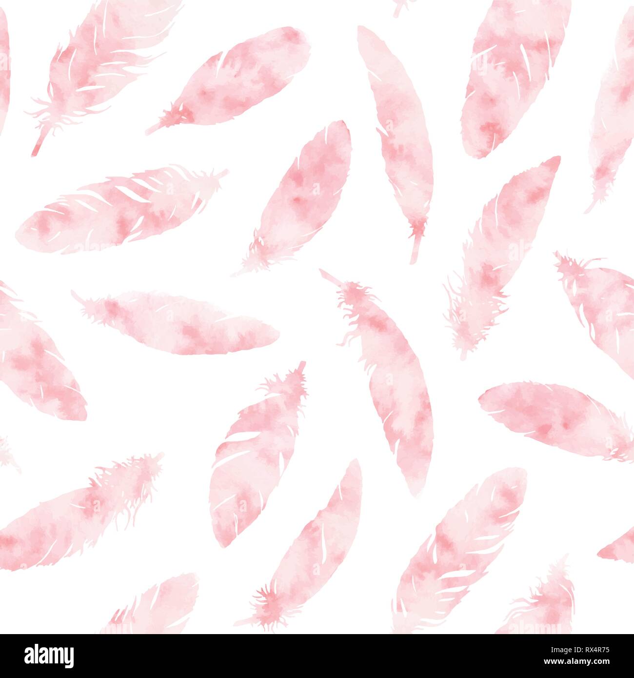 Hand painted vector feathers seamless pattern on white background. Textured pink boho decoration. Pastel ornament for wrapping paper, fabrics and text Stock Vector