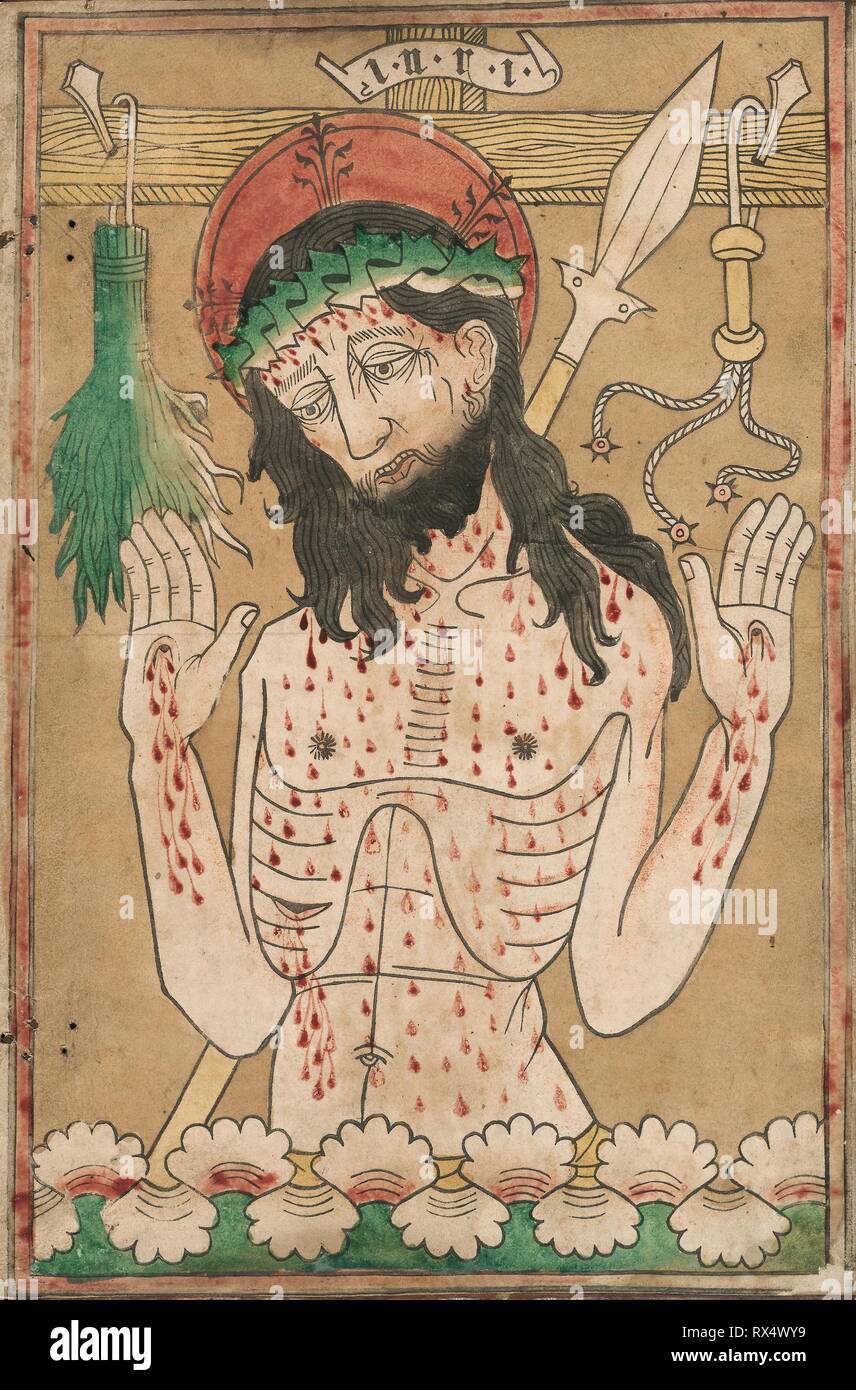 Man of Sorrows. Artist Unknown; German, 15th century. Date: 1460-1475. Dimensions: 397 x 262 mm (image); 405 x 269 mm (sheet). Woodcut hand-colored with brush and watercolor on cream laid paper, edge-mounted to vellum, laid down on wooden book cover covered in hand-tooled leather with tooled metal hinges. Origin: Germany. Museum: The Chicago Art Institute. Stock Photo