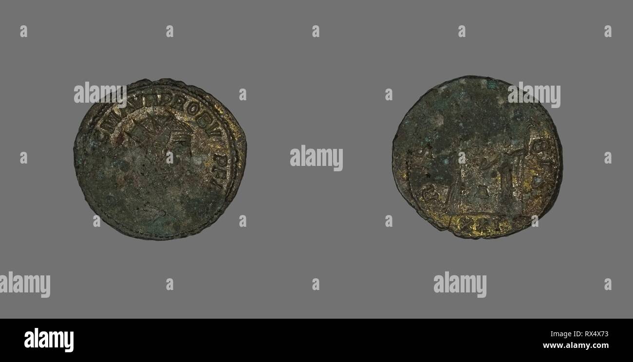 Antoninianus (Coin) Portraying Emperor Probus. Roman, minted in Antioch. Date: 276 AD-282 AD. Dimensions: Diam. 2.2 cm; 3.82 g. Billon. Origin: Roman Empire. Museum: The Chicago Art Institute. Author: ANCIENT ROMAN. Stock Photo