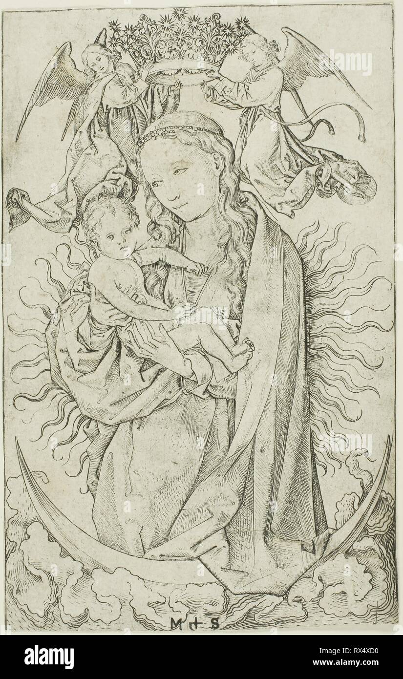 The Madonna on the Crescent Crowned by Two Angels. Martin Schongauer; German, c. 1450-1491. Date: 1470-1475. Dimensions: 173 × 110 mm (sheet trimmed to plate mark). Engraving on paper. Origin: Germany. Museum: The Chicago Art Institute. Stock Photo