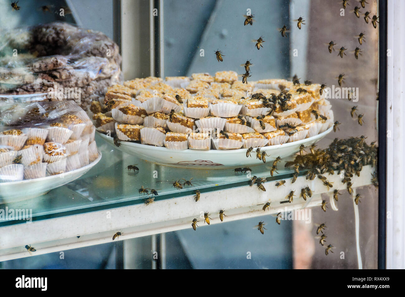 Bees in local sweet in the Medina of Marrakech, Morocco Stock Photo