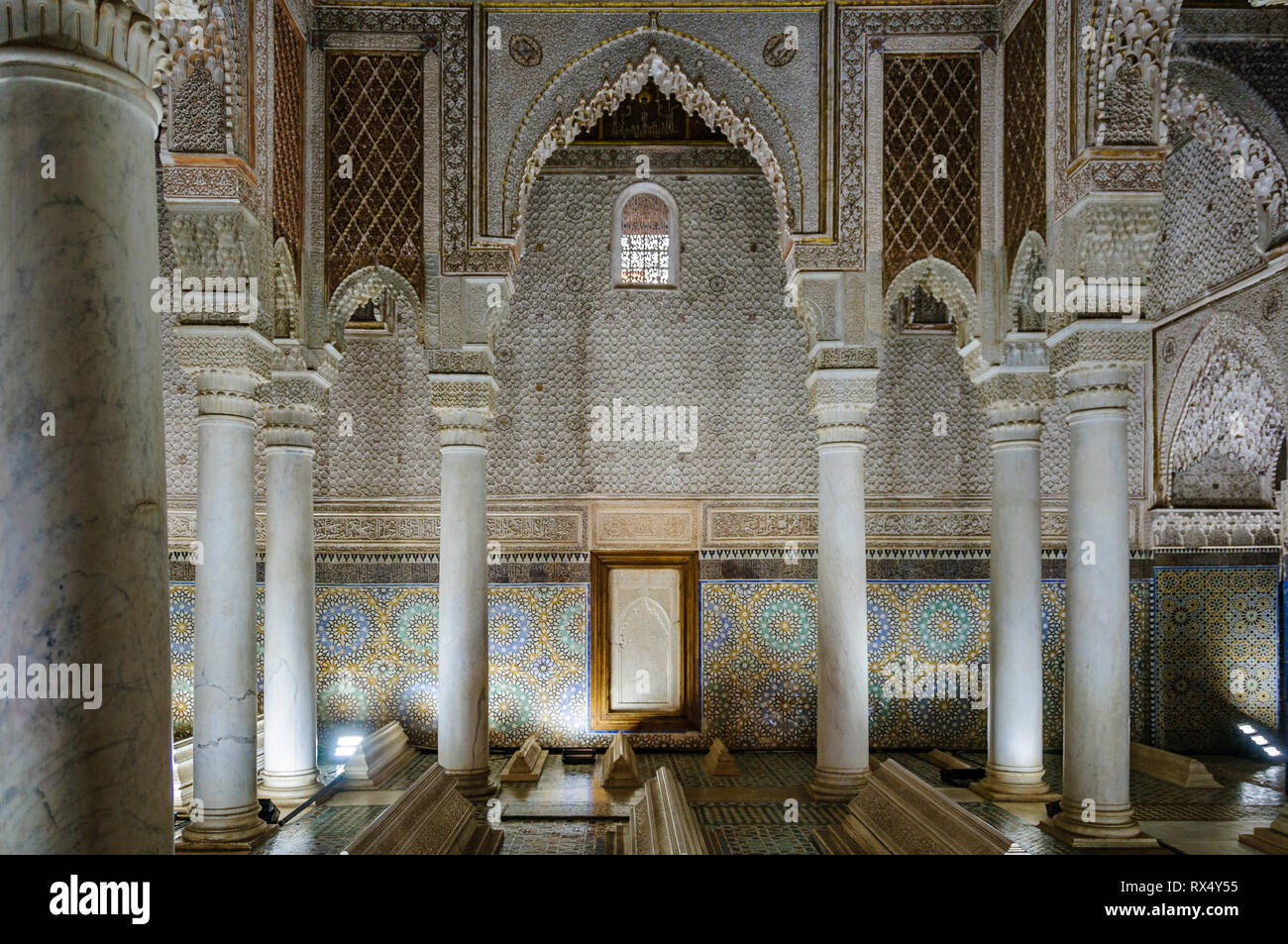 Columns in the Saadian Tombs in the Medina of Marrakech, Morocco Stock Photo