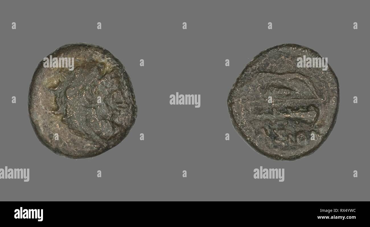 Coin Depicting the Hero Herakles. Greek. Date: 280 BC. Dimensions: Diam. 1.7 cm; 3.70 g. Bronze. Origin: Ancient Greece. Museum: The Chicago Art Institute. Stock Photo