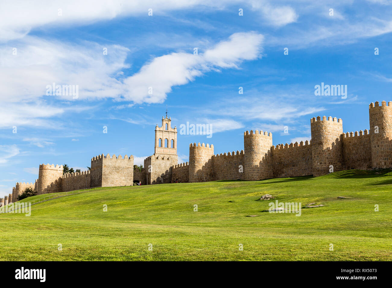 View of the medieval city walls surrounding the city of Avila, Spain