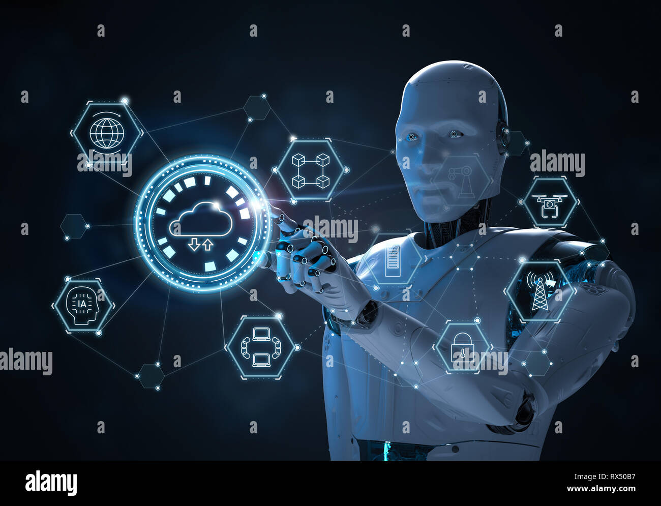 Cloud computing technology concept with 3d rendering cyborg with ...