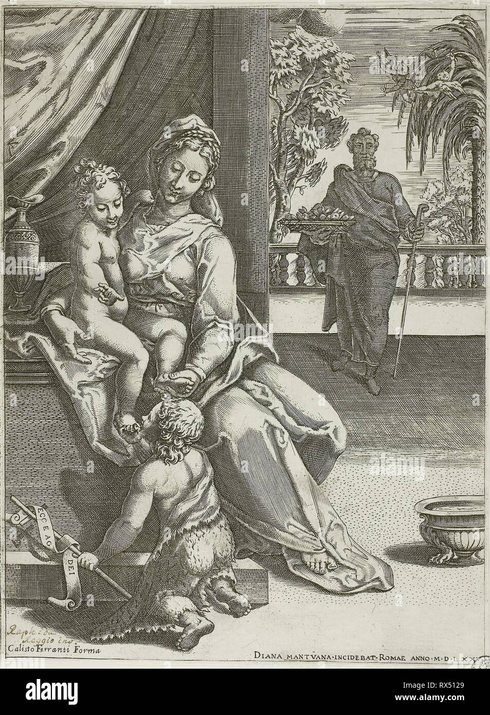 Virgin and Child with Saint John. Diana Scultori (Italian, c. 1536-c. 1590); after Raffaellino da Reggio (Italian, 1550-1578). Date: 1570-1600. Dimensions: 275 x 204 mm (plate/sheet). Engraving in black on ivory laid paper. Origin: Italy. Museum: The Chicago Art Institute. Stock Photo