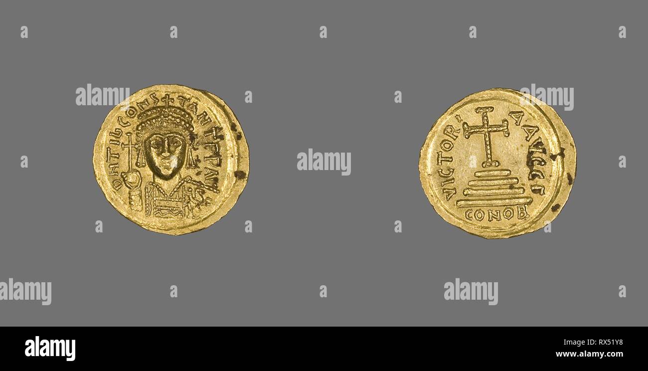 Solidus (Coin) of Tiberius II. Byzantine, minted in Constantinople. Date: 574 AD-582 AD. Dimensions: Diam. 2 cm; 4.44 g. Gold. Origin: Byzantine Empire. Museum: The Chicago Art Institute. Stock Photo