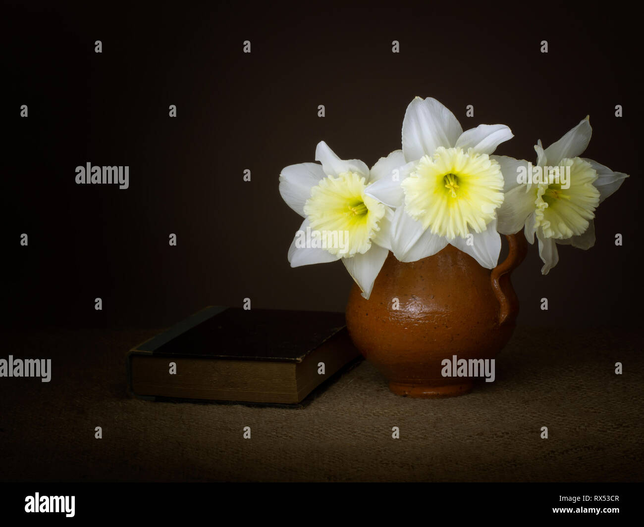 Vintage style still life of pale and beautiful daffodil, narcissus flowers, jug and book. Chiariscuro light painting. Stock Photo
