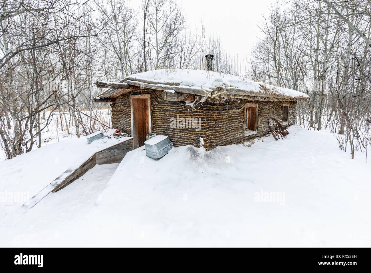 Sodhouse in winter, Fortwhyte, Manitoba, Canada Stock Photo