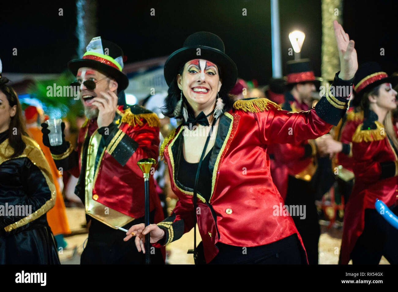 Vibrant Carnival night parade 2019 / Sitges / Catalonia Stock Photo