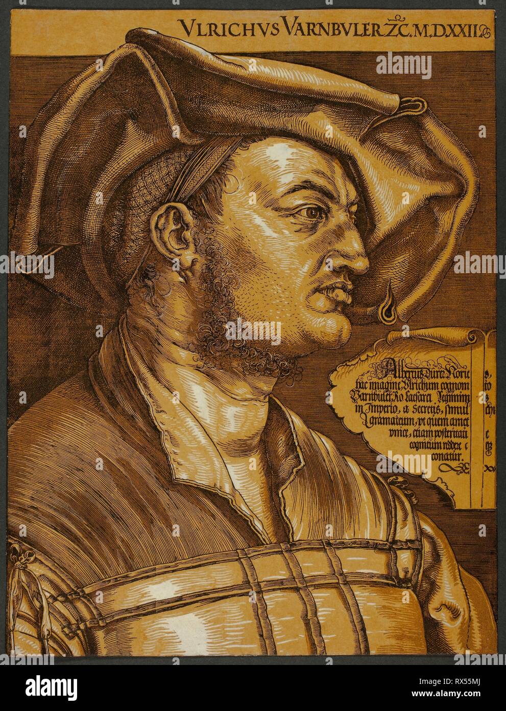 Ulrich Varnbüler. Albrecht Dürer (German, 1471-1528); printed by Willem Janszoon Blaeu (Dutch, 1571-1638). Date: 1522. Dimensions: 430 x 327 mm (image/sheet, trimmed within plate mark). Woodcut in black on ivory laid paper with added brown and sepia tone blocks. Origin: Germany. Museum: The Chicago Art Institute. Stock Photo