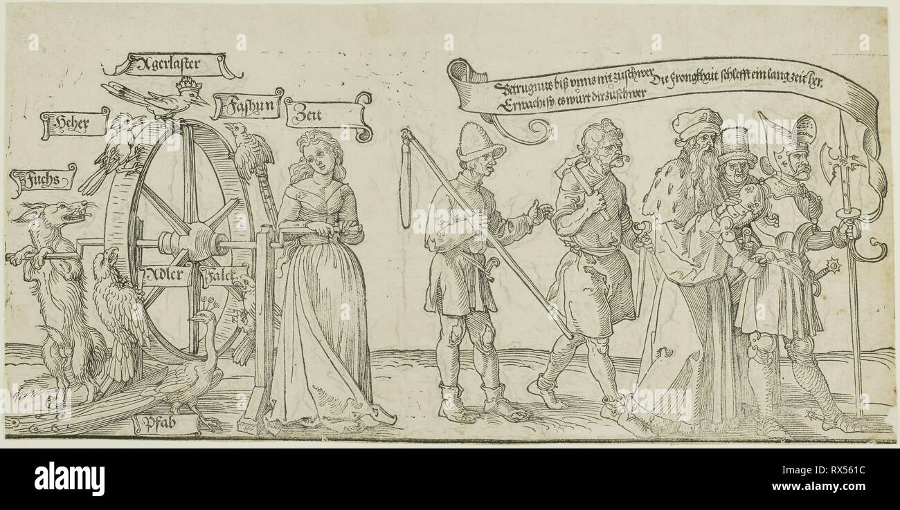 The Michelfeldt Tapestry (Allegory on Social Injustice), first part of three. Attributed to Albrecht Dürer; German, 1471-1528. Date: 1526. Dimensions: 153 x 311 mm (sheet). Woodcut in black on cream laid paper. Origin: Germany. Museum: The Chicago Art Institute. Stock Photo