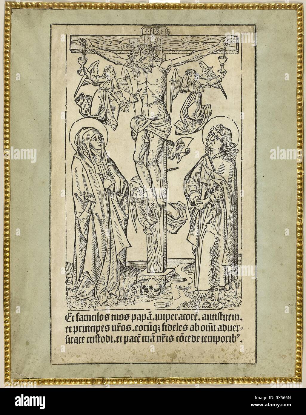 Christ on the Cross with Angels. Unknown Artist; German, 15th century.  Date: 1485-1495. Dimensions: 313 × 189 mm (image/primary support); 352 ×  277 mm (secondary support). Woodcut in black on parchment, laid