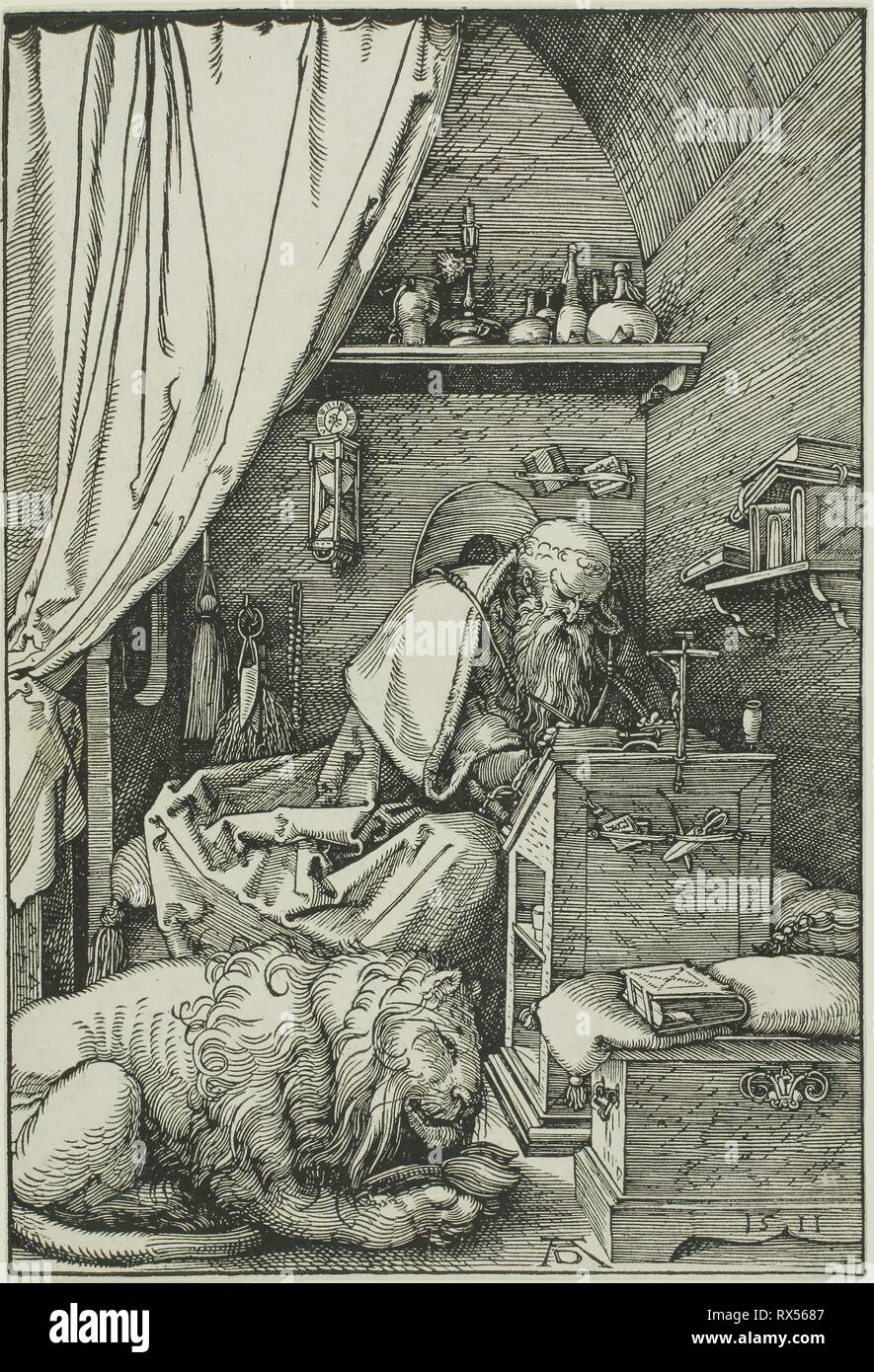 Saint Jerome in his Cell. Albrecht Dürer; German, 1471-1528. Date: 1511. Dimensions: 238 x 162 mm. Woodcut in black on ivory laid paper. Origin: Germany. Museum: The Chicago Art Institute. Stock Photo