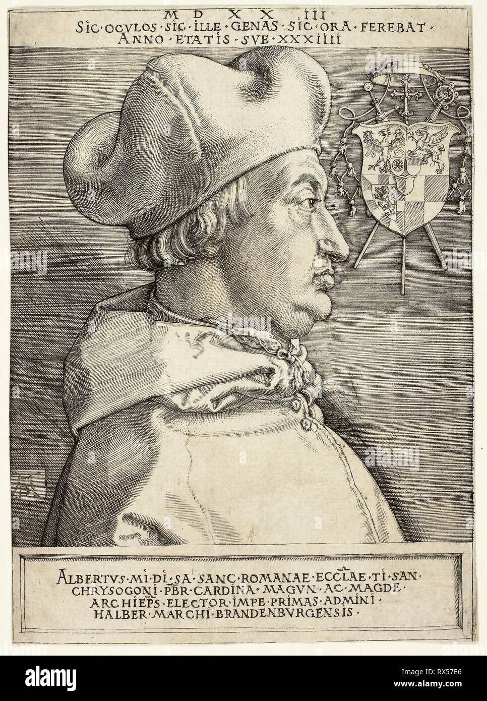 Cardinal Albrecht of Brandenburg (The Great Cardinal). Albrecht Dürer; German, 1471-1528. Date: 1523. Dimensions: 173 × 127 mm. Engraving in black on ivory laid paper. Origin: Germany. Museum: The Chicago Art Institute. Stock Photo