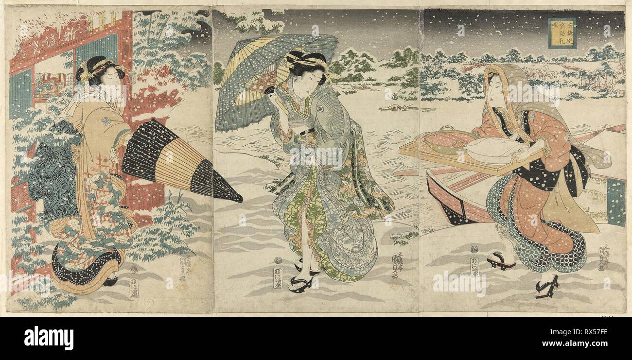 Parody of Liu Bei (J: Gentoku) Visiting Zhuge Liang (J: Komei) in Wind and Snow (Gentoku fusetsu ni Komei o tazureru). Utagawa Kunisada I (Toyokuni III); Japanese, 1786-1864. Date: 1839-1849. Dimensions: 38.4 x 78.1 cm (15 1/8 x 30 3/4 in.). Color woodblock print; oban triptych. Origin: Japan. Museum: The Chicago Art Institute. Stock Photo