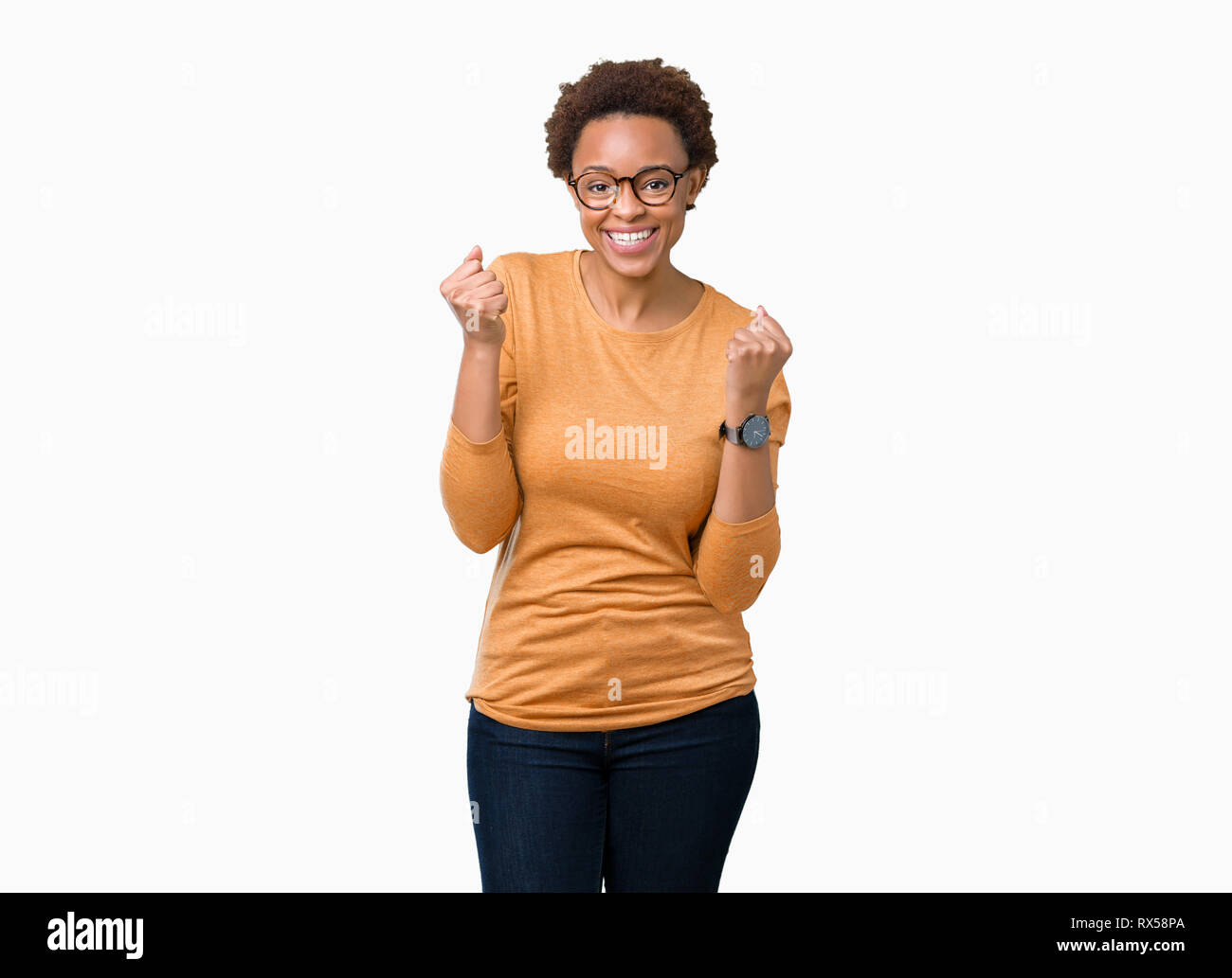 Young beautiful african american woman wearing glasses over isolated ...