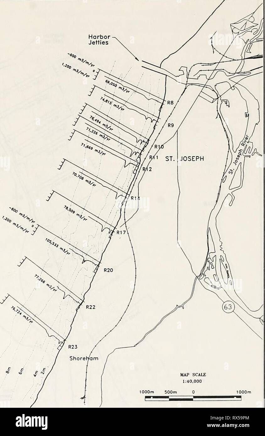 Effectiveness of beach nourishment on Effectiveness of beach nourishment on cohesive shores, St. Joseph, Lake Michigan effectivenessofb00nair Year: 1997  N LAKE MICHIGAN Harbor Jetties   Figure 5. Net annual alongshore transport (dgQ = 0.2 mm) Chapter 4 Analyses of Coastal Processes and Geomorphology 19 Stock Photo