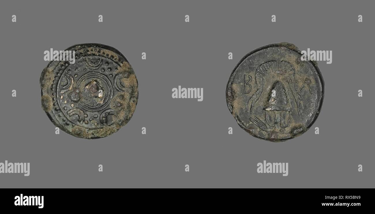 Coin Depicting the Goddess Artemis. Greek. Date: 286 BC-220 BC. Dimensions: Diam. 1.7 cm; 4 g. Bronze. Origin: Ancient Greece. Museum: The Chicago Art Institute. Stock Photo