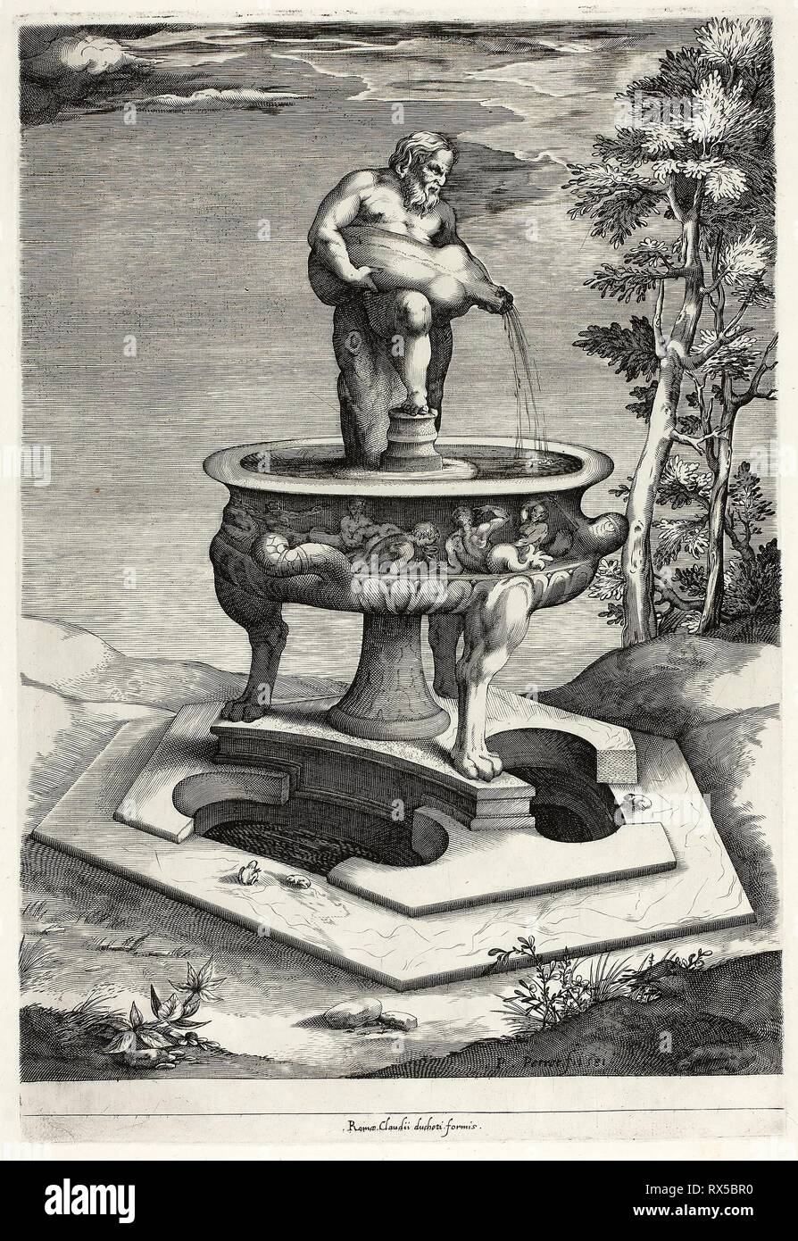 Fountain with Silenus in the Garden of the Cesi Palace near Rome. Pieter Perret (Flemish, 1555-1639); published by Claudio Duchetti. Date: 1581. Dimensions: 332 × 239 mm (image); 351 × 239 mm (plate); 541 × 425 mm (sheet). Engraving in black on ivory laid paper. Origin: Flanders. Museum: The Chicago Art Institute. Stock Photo