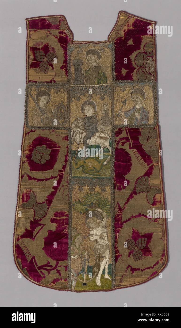 Chasuble Front with Orphrey Cross. Chasuble: Italy, Florence; Orphrey Cross: Bohemia or Germany. Date: 1401-1500. Dimensions: Chasuble: 126.6 × 70.5 cm (49 7/8 × 27 3/4 in.)  Orphrey Cross: 112 × 57.7 cm (44 × 22 3/4 in.). Chasuble: silk, plain weave with silk supplementary facing wefts, bound by secondary binding warps and gilt-metal-strip-wrapped silk facing wefts  forming weft loops in areas and supplementary pile warps forming cut, pile-on-pile voided velvet; Orphrey Cross: linen, plain weave; embroidered with silk floss and gilt- and-silvered-animal-substrate-wrapped linen in bullion, out Stock Photo