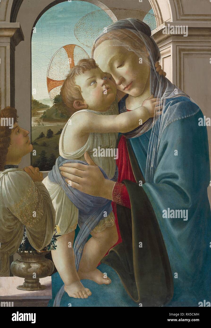 Virgin and Child with an Angel. Sandro Botticelli (Alessandro Filipepi); Italian, 1444/45-1510. Date: 1475-1485. Dimensions: 33 3/4 × 23 1/4 in. (85.8 × 59.1 cm). Tempera on panel. Origin: Italy. Museum: The Chicago Art Institute. Stock Photo