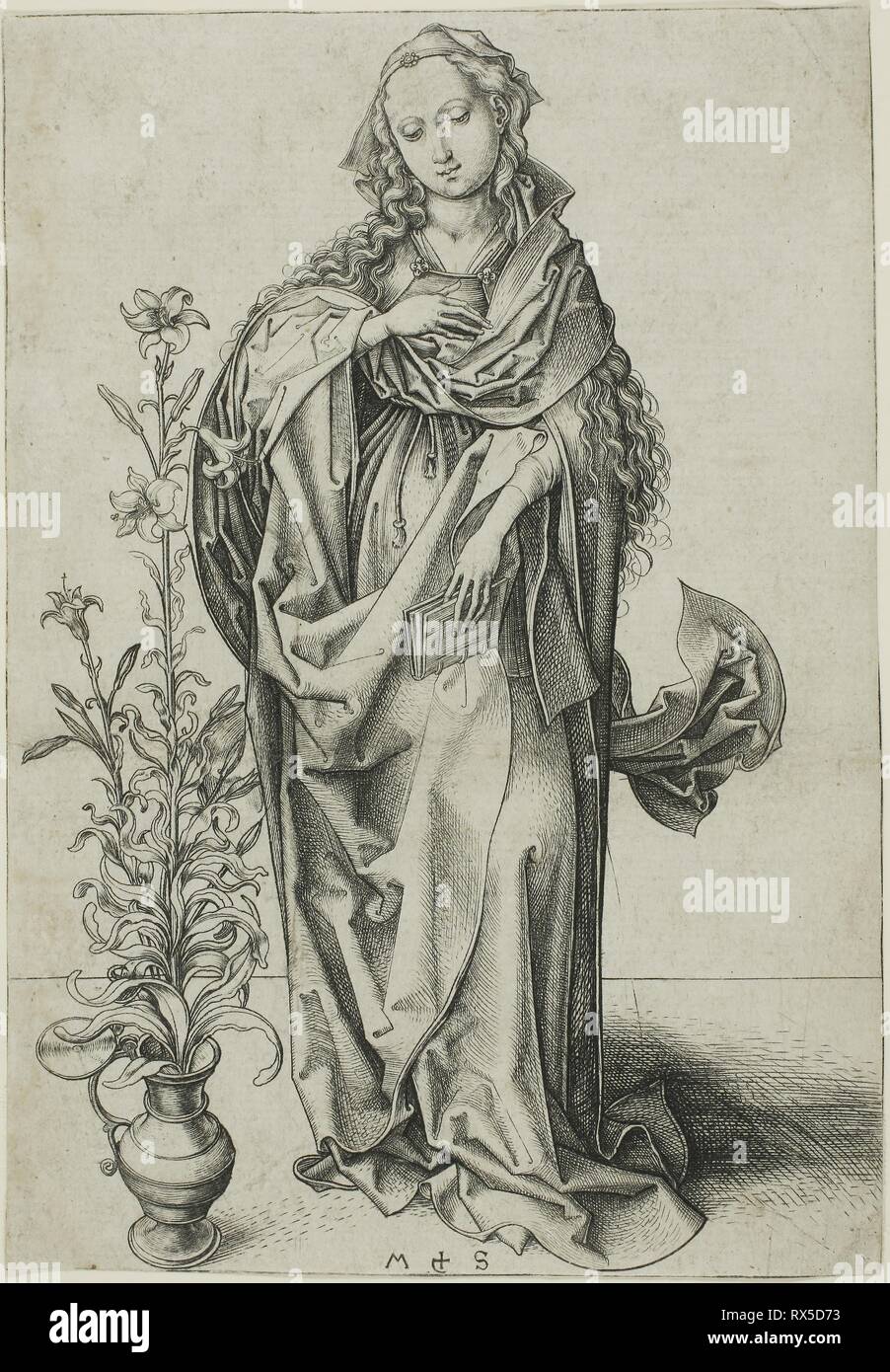 The Virgin of the Annunciation. Martin Schongauer; German, c. 1450-1491. Date: 1470-1475. Dimensions: 170 x 117 mm (sheet, trimmed to plate mark). Engraving in black on ivory laid paper. Origin: Germany. Museum: The Chicago Art Institute. Stock Photo