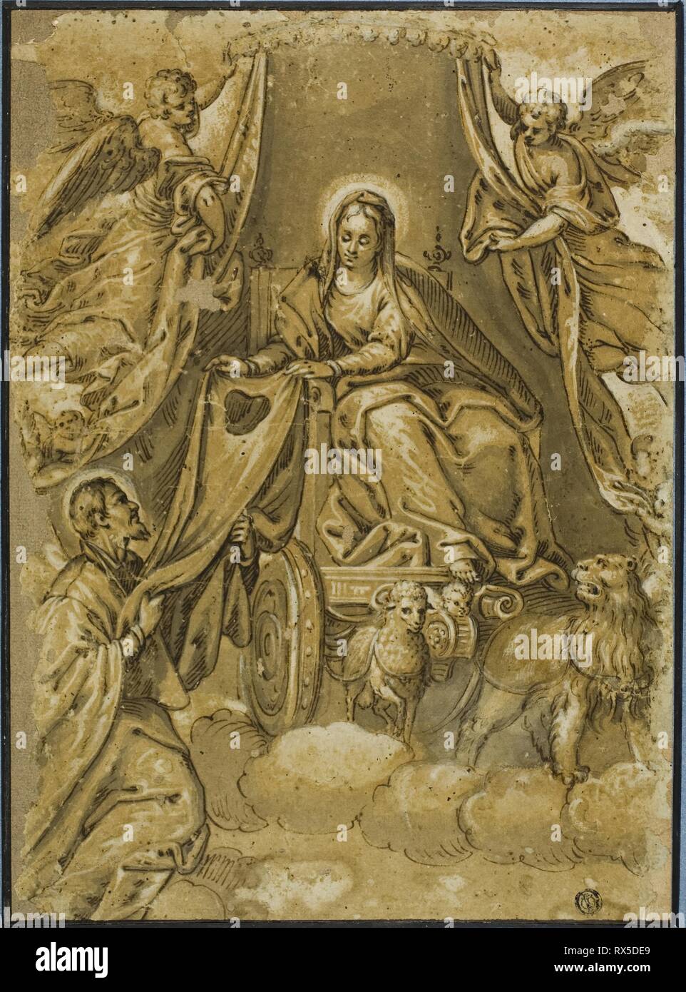 Virgin Mary Handing Scapular to Saint Simon Stock. Paolo Caliari, called Paolo Veronese; Italian, 1528-1588. Date: 1550-1600. Dimensions: 344 x 250 mm. Pen and iron gall ink, brown and gray wash, heightened with lead white, on blue laid paper, laid down on blue wove paper and ivory laid card. Origin: Italy. Museum: The Chicago Art Institute. Stock Photo