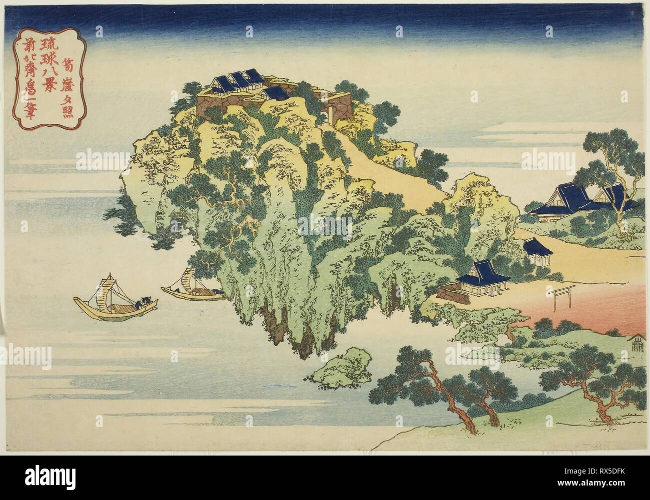 Evening Glow at Jungai (Jungai sekisho), from the series 'Eight Views of the Ryukyu Islands (Ryukyu hakkei)'. Katsushika Hokusai ?? ??; Japanese, 1760-1849. Date: 1827-1837. Dimensions: 10 1/2 x 14 7/8 in. Color woodblock print; oban. Origin: Japan. Museum: The Chicago Art Institute. Stock Photo