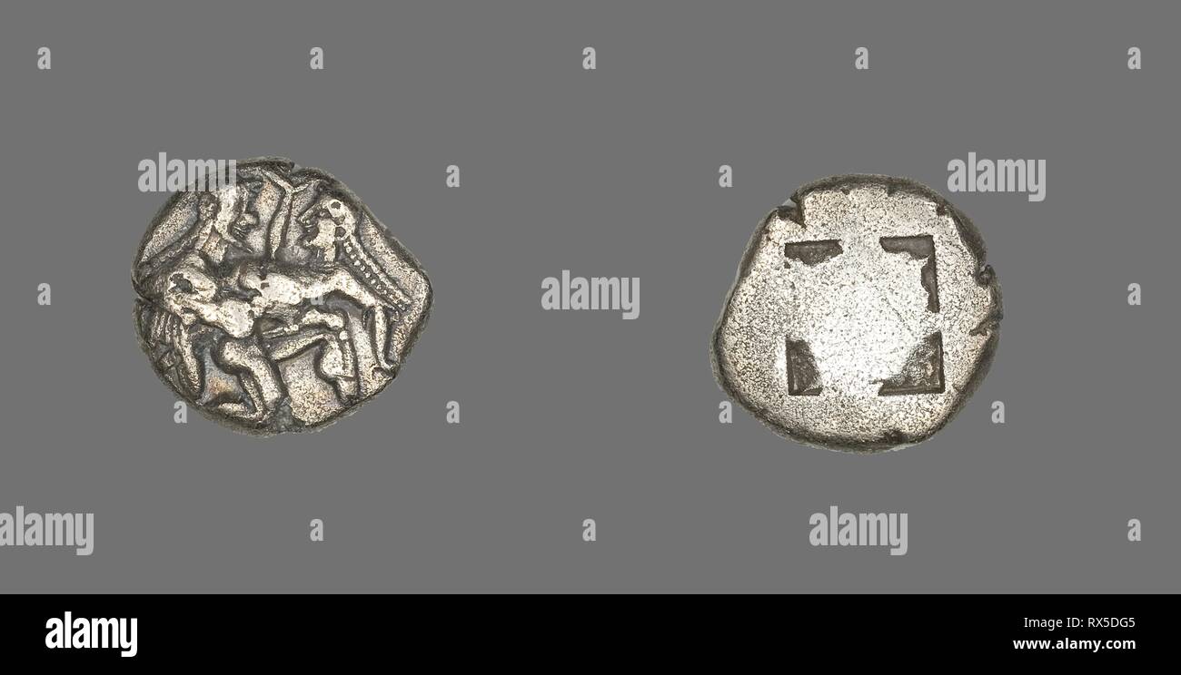 Stater (Coin) Depicting a Satyr and Nymph. Greek, minted in Thasos, Thrace. Date: 500 BC-463 BC. Dimensions: Diam. 2.1 cm; 9.23 g. Silver. Origin: Thásos. Museum: The Chicago Art Institute. Author: ANCIENT GREEK. Stock Photo