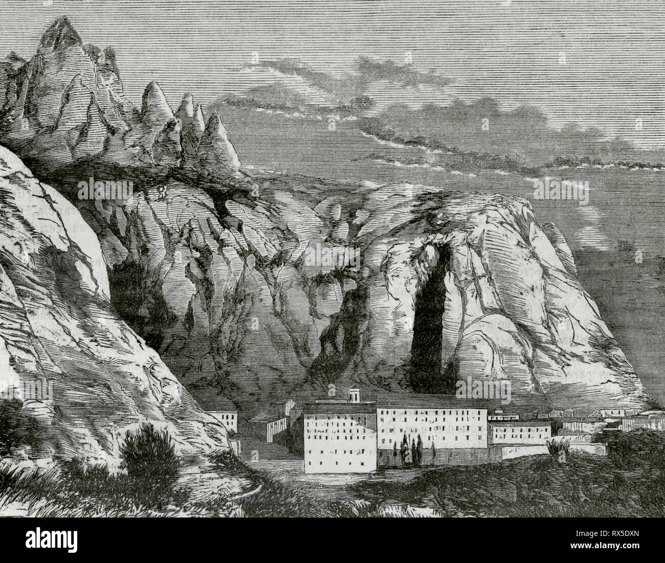 Abbey of Montserrat. Panoramic view. Province of Barcelona, Catalonia, Spain. Engraving. Crónica General de España, Historia Ilustrada y Descriptiva de sus Provincias. Catalonia. 1866. Stock Photo