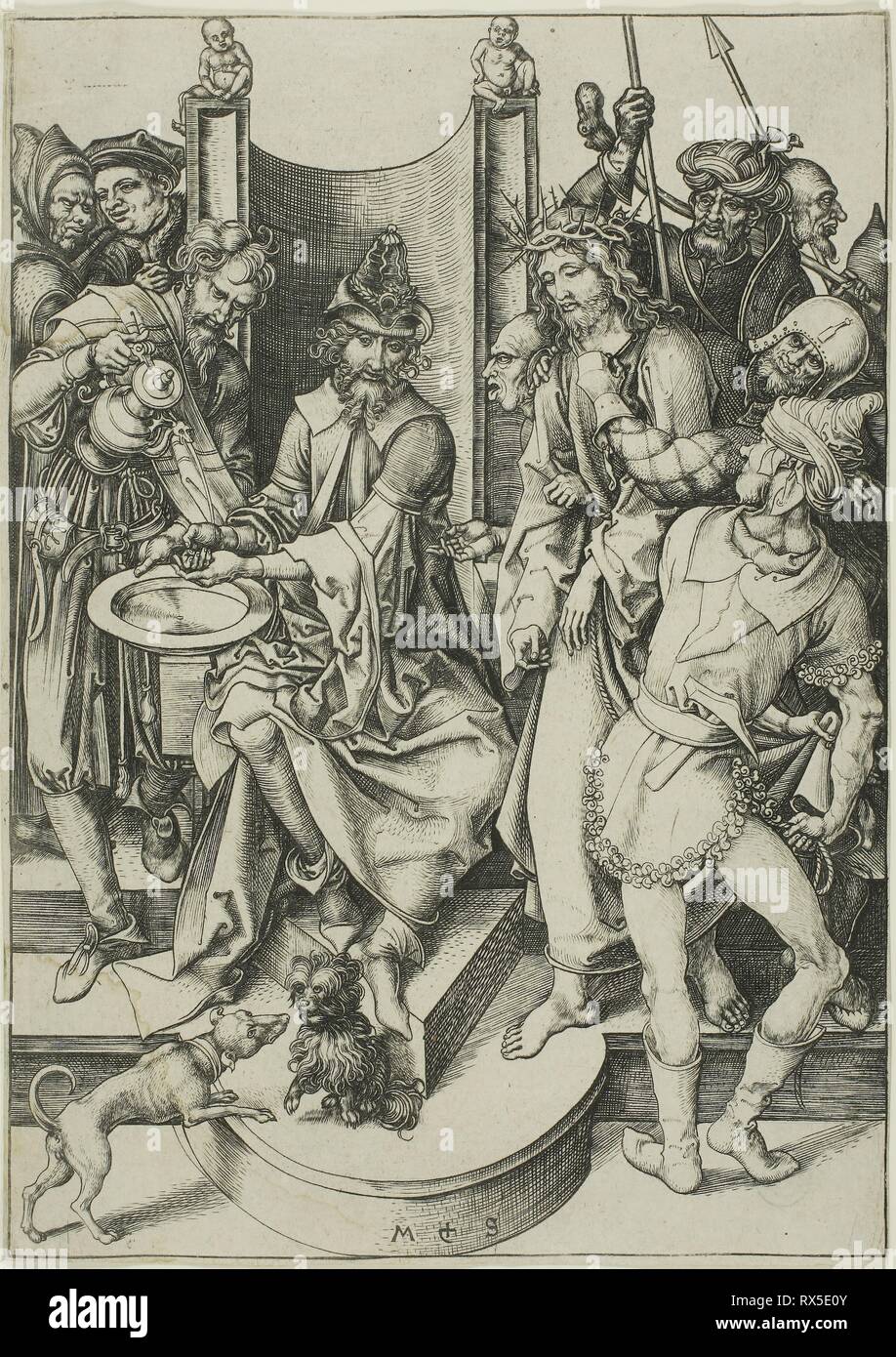 Christ before Pilate, from The Passion. Martin Schongauer; German, c. 1450-1491. Date: 1475-1486. Dimensions: 163 x 115 mm (sheet trimmed within plate mark). Engraving on paper. Origin: Germany. Museum: The Chicago Art Institute. Stock Photo