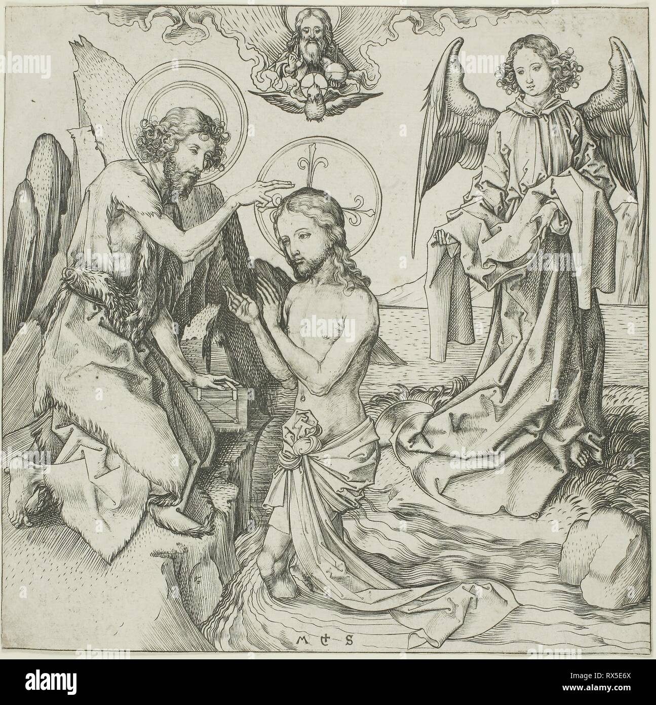 The Baptism of Christ. Martin Schongauer; German, c. 1450-1491. Date: 1475-1495. Dimensions: 156 × 158 mm (plate/sheet). Engraving in black on ivory laid paper. Origin: Germany. Museum: The Chicago Art Institute. Stock Photo