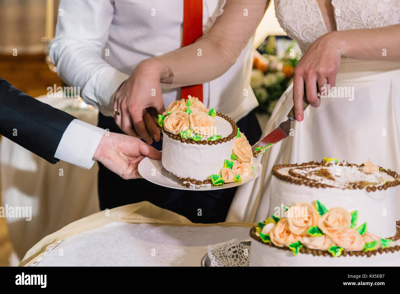 Very beautiful handmade wedding cake, new design. Stock Photo