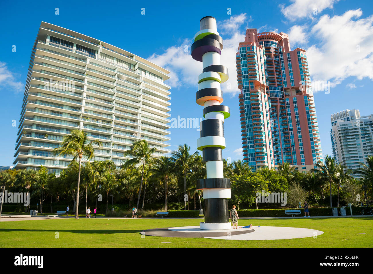 MIAMI - SEPTEMBER, 2018: Obstinate Lighthouse, an installation by German artist Tobias Rehberger, stands amidst the condo towers at South Pointe Park. Stock Photo