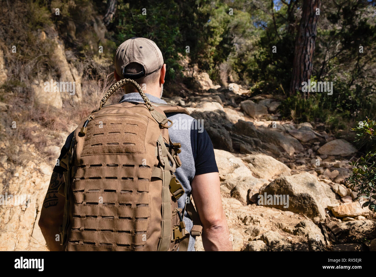 A man with backpack hiking on a path of rocks in a forest with sunlight ...