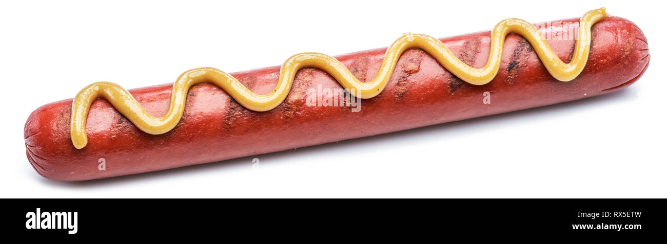 Grilled frankfurter sausage with mustard isolated on white background. Stock Photo