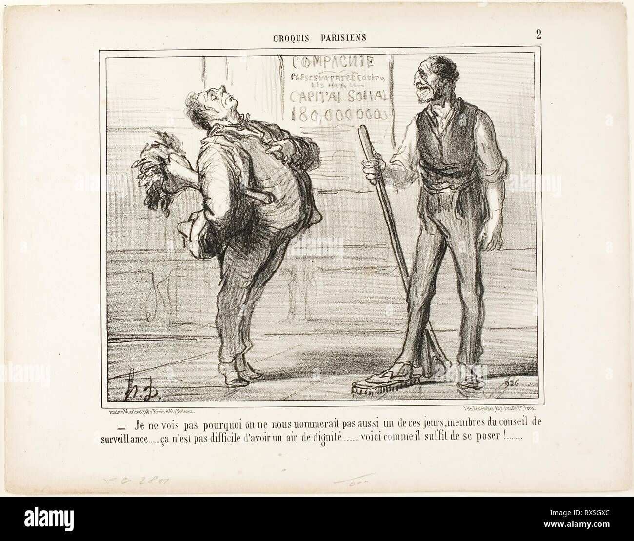 '- I really don't see why we shouldn't be nominated members of the surveillance council one of these days..... after all it isn't that difficult to look dignified... how about a pose like this?,' plate 2 from Croquis Parisiens. Honoré Victorin Daumier; French, 1808-1879. Date: 1856. Dimensions: 205 × 253 mm (image); 279.5 × 358.5 mm (sheet). Lithograph in black on buff wove paper. Origin: France. Museum: The Chicago Art Institute. Author: Honoré-Victorin Daumier. Stock Photo